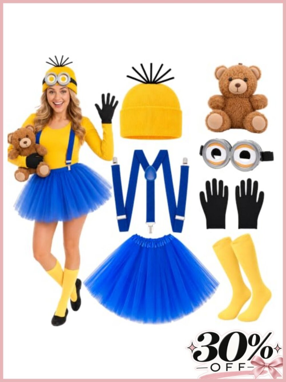 7Pc Halloween Costume Accessory Set Goggles Beanie Tutu Suspenders